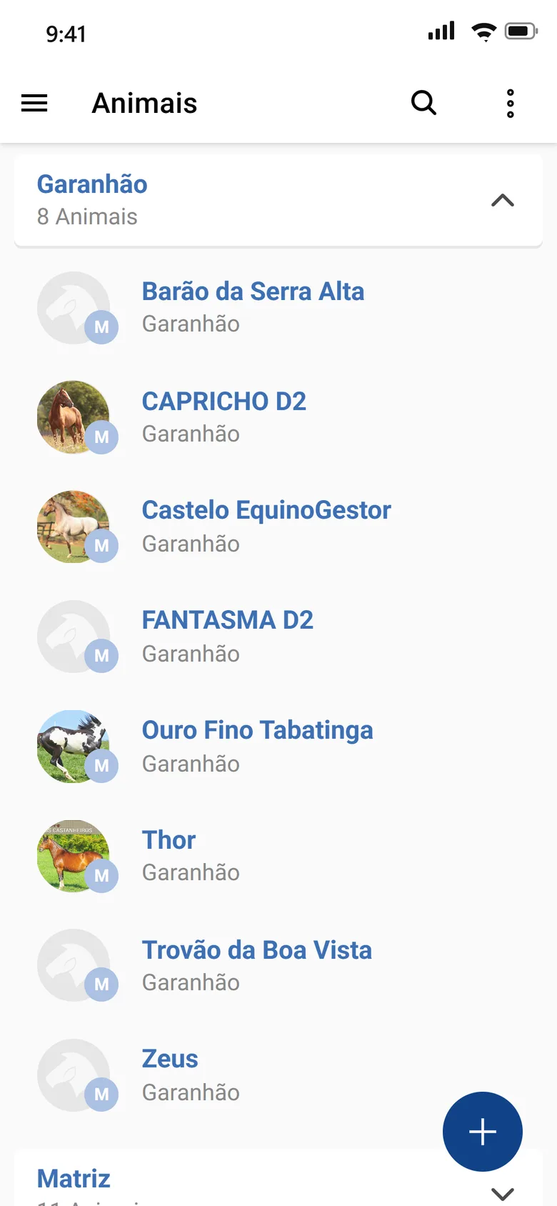 App do EquinoGestor: lista de garanhões com a foto de cada animal