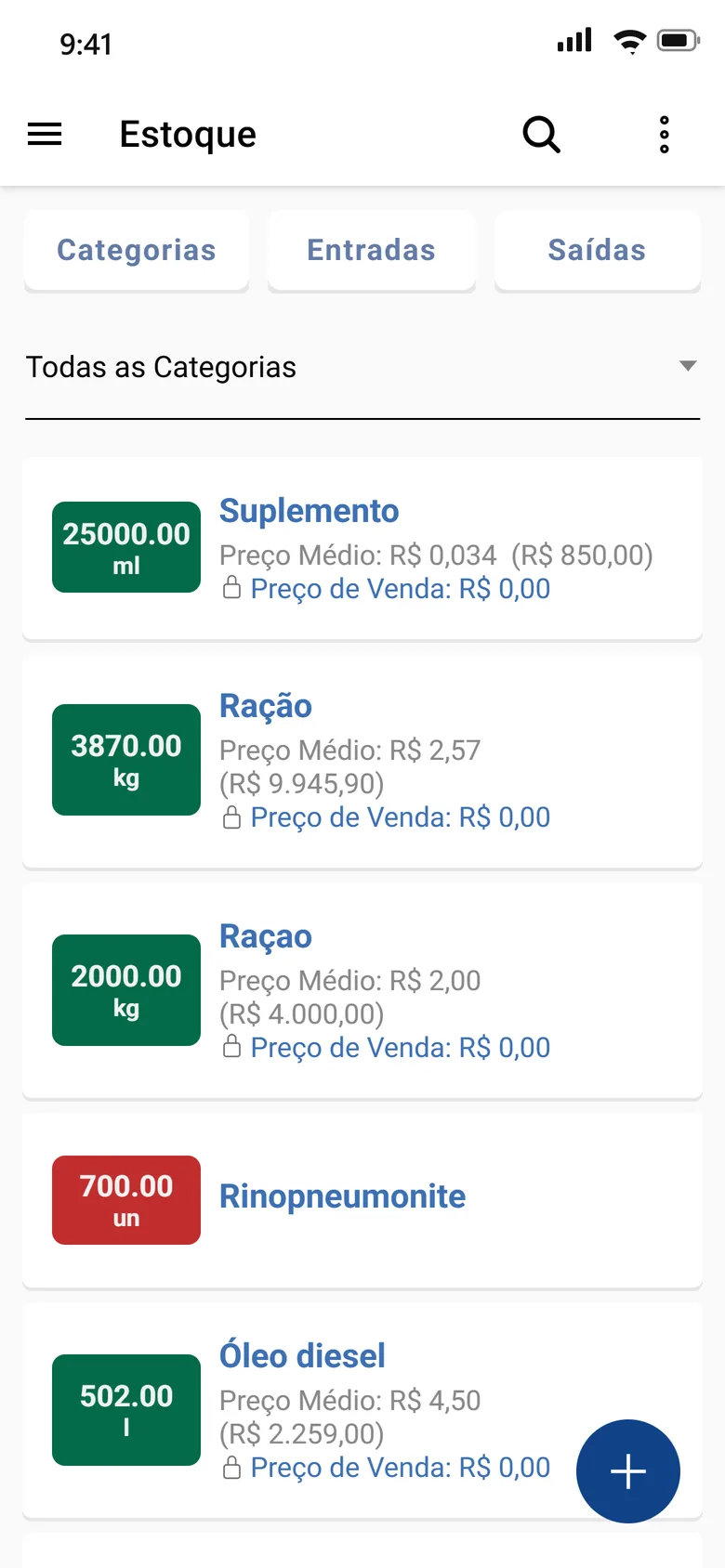 App do EquinoGestor: estoque com saldo de cada item, preço médio e atalhos para categorias, entradas e saídas