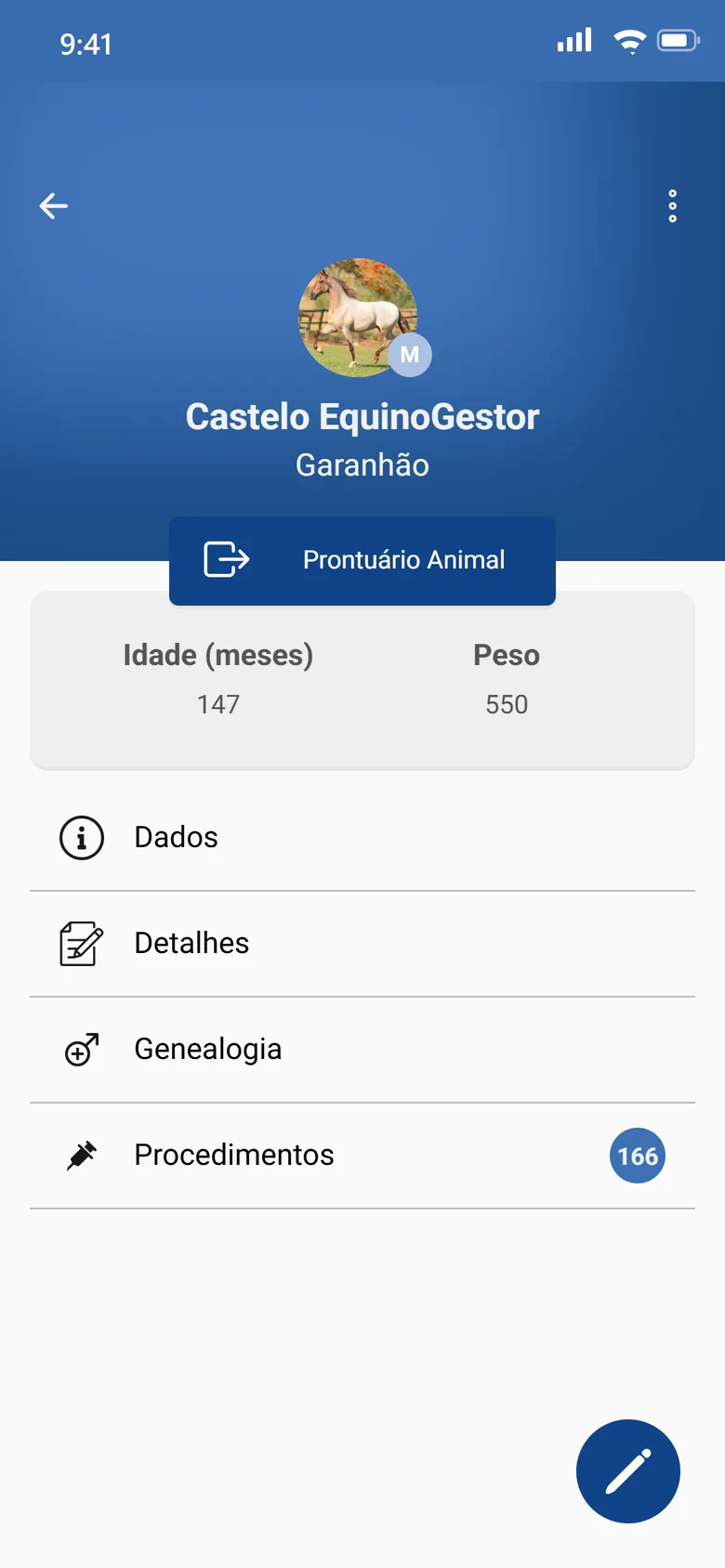 App do EquinoGestor: ficha de um garanhão com foto, idade, peso, genealogia, procedimentos e botão do prontuário