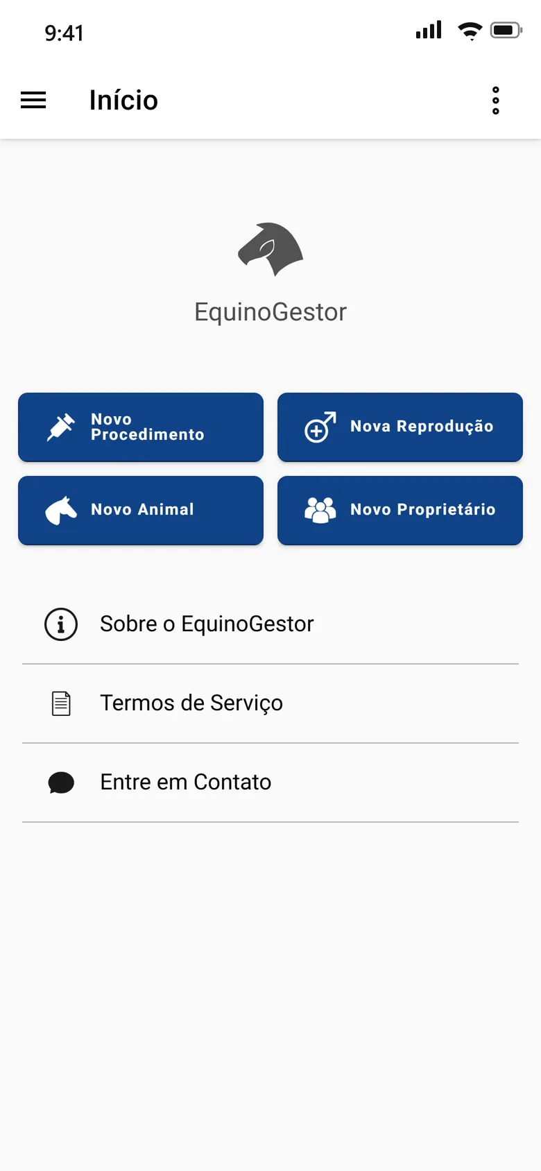 Tela inicial do app do EquinoGestor com atalhos para novo procedimento, nova reprodução, novo animal e novo proprietário