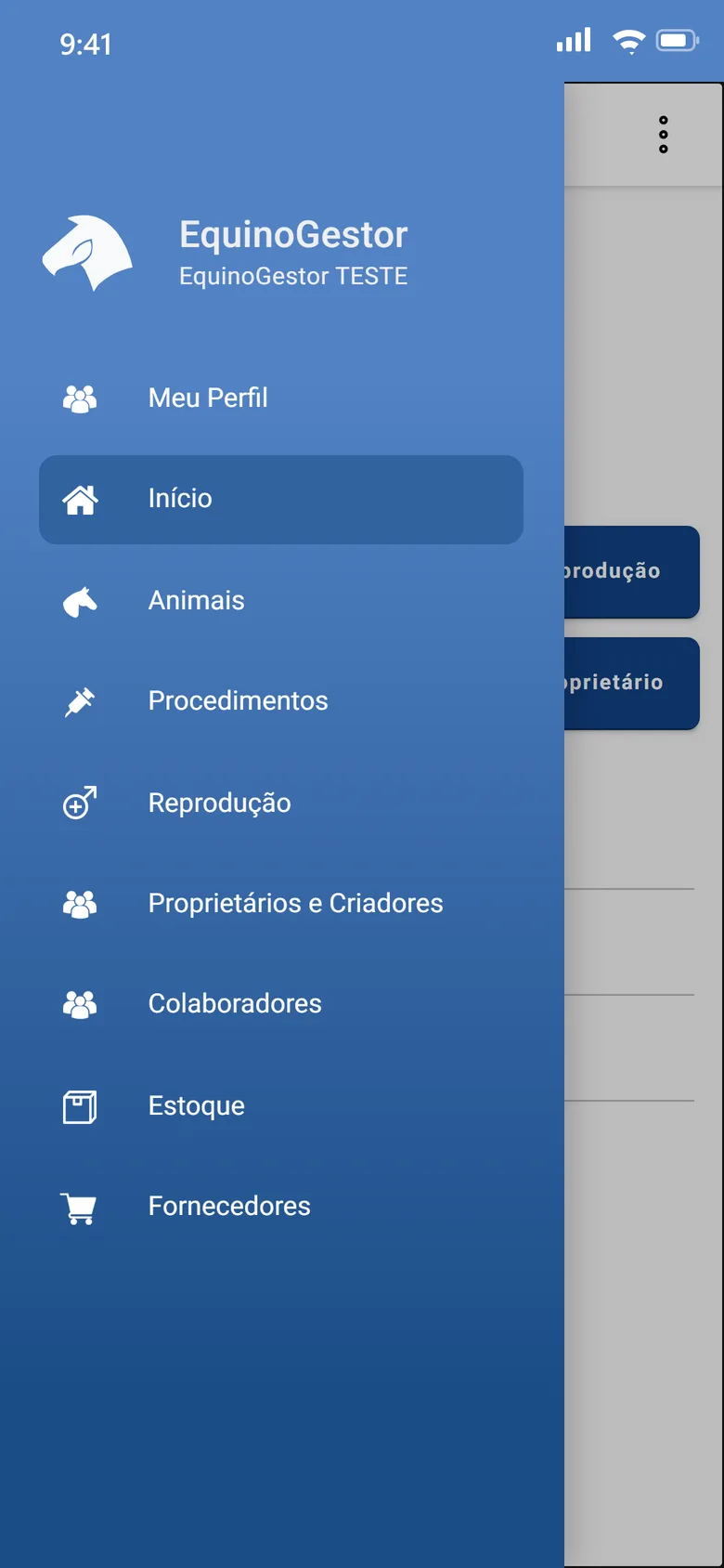 Menu do app do EquinoGestor: animais, procedimentos, reprodução, proprietários e criadores, colaboradores, estoque e fornecedores