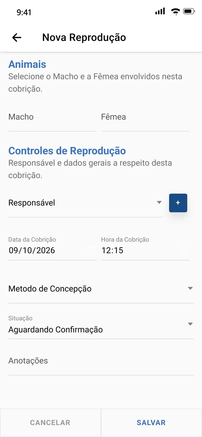 App do EquinoGestor: nova reprodução com macho, fêmea, responsável, data, método de concepção e situação