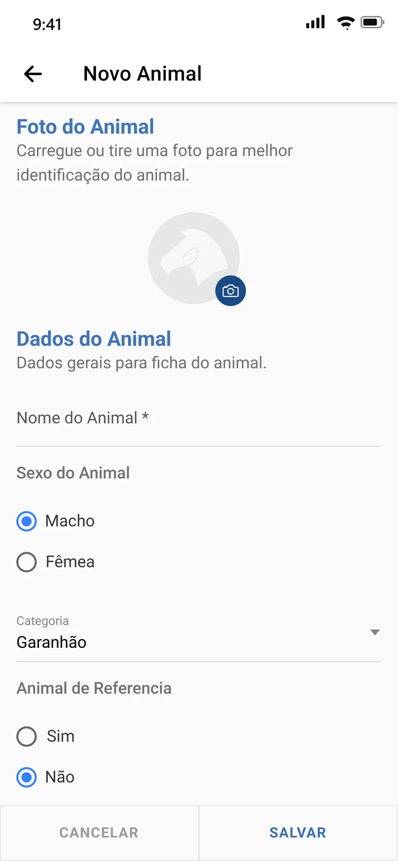 App do EquinoGestor: cadastro de novo animal com botão para tirar ou carregar a foto, sexo e categoria