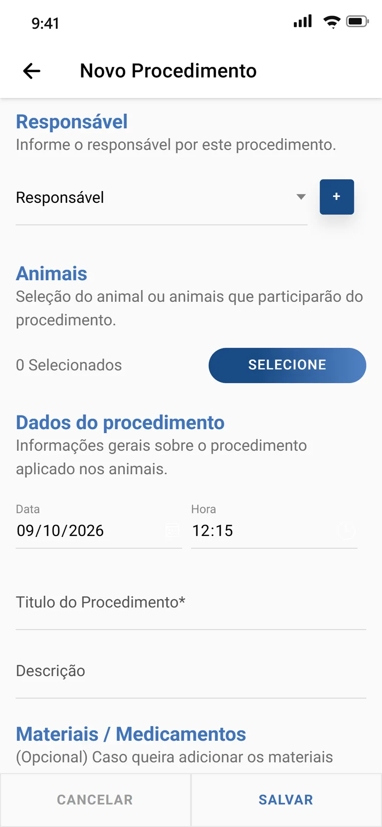 App do EquinoGestor: novo procedimento com responsável, seleção de animais, data, hora e materiais
