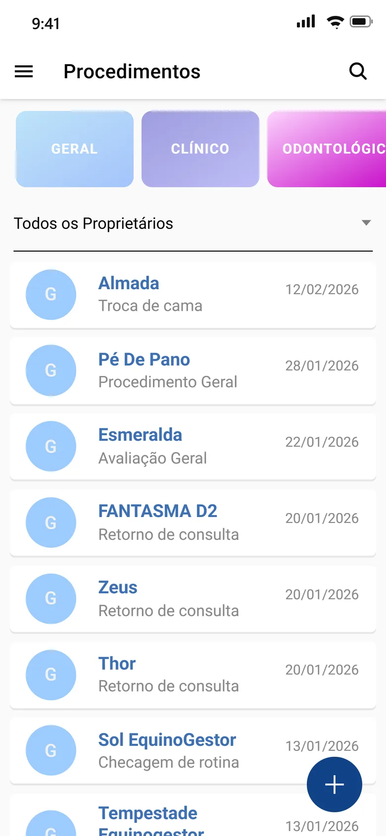 App do EquinoGestor: lista de procedimentos com filtros por tipo, como clínico, exame, vacinação e ferrageamento