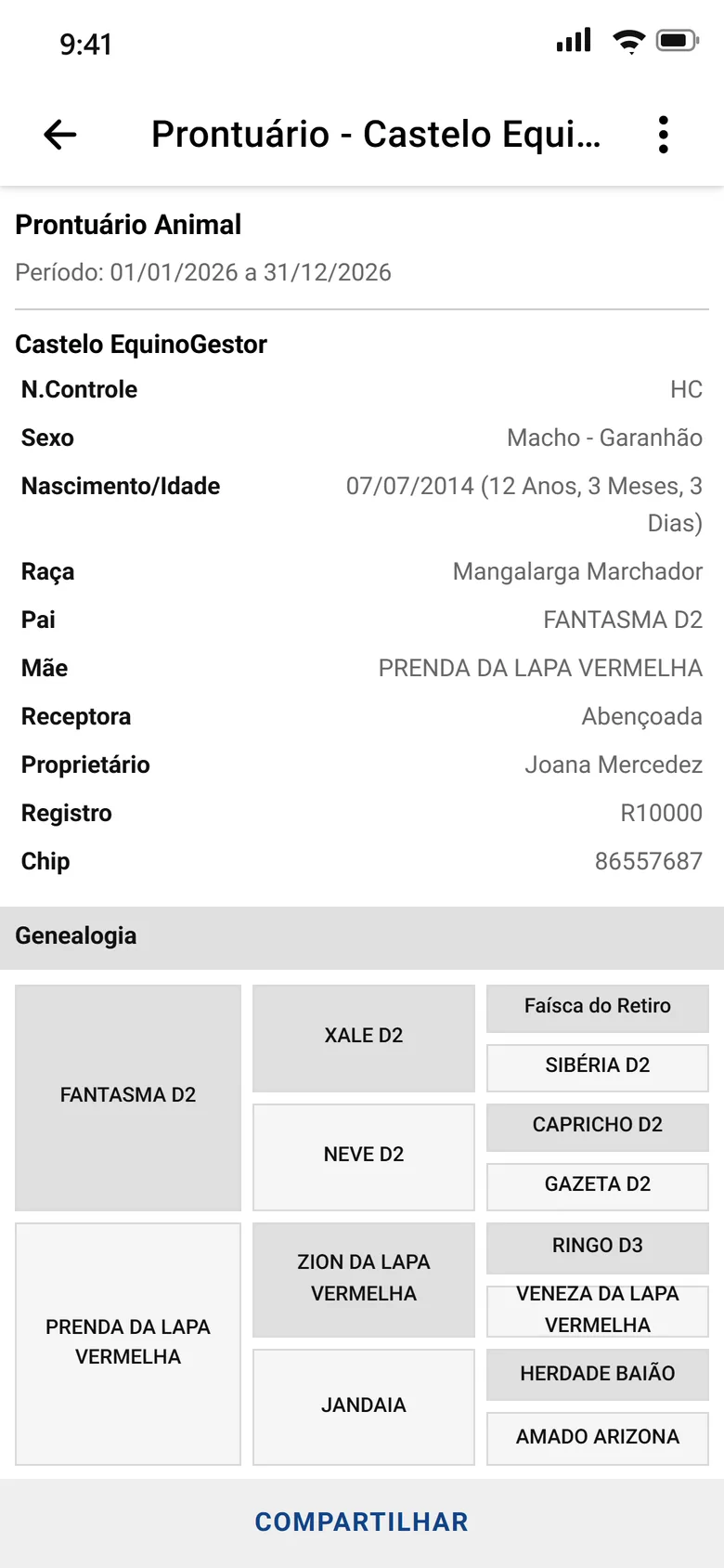 App do EquinoGestor: prontuário do animal com dados, genealogia e o botão Compartilhar