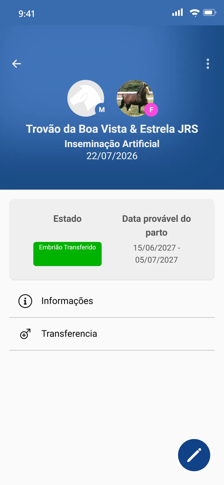 App do EquinoGestor: detalhe de uma inseminação artificial com estado do embrião transferido e data provável do parto