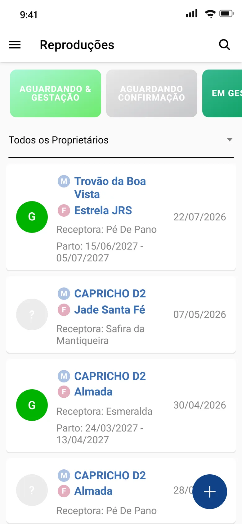 App do EquinoGestor: reproduções separadas por situação, com garanhão, matriz, receptora e previsão de parto