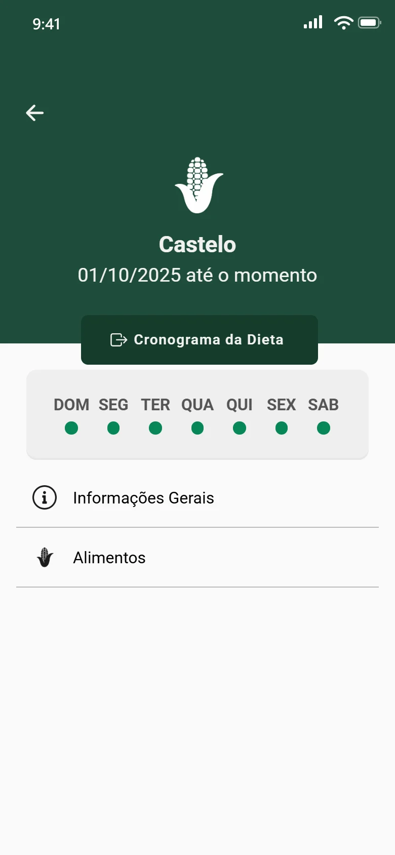 Dieta do animal no app para clientes, com os dias da semana, as informações gerais e os alimentos