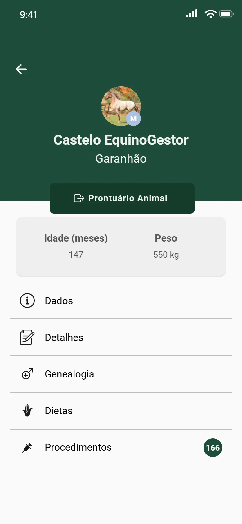 Ficha do animal no app para clientes, com foto, idade, peso e acesso aos dados, genealogia, dietas, procedimentos e prontuário