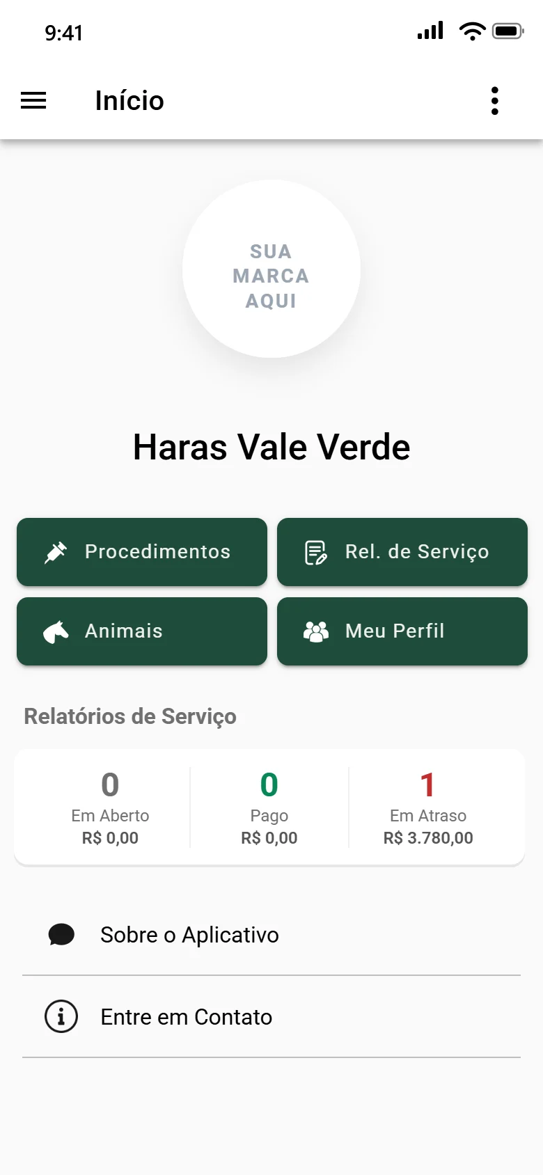 Tela inicial do app para clientes com a marca da operação e o resumo dos relatórios de serviço em aberto, pagos e em atraso