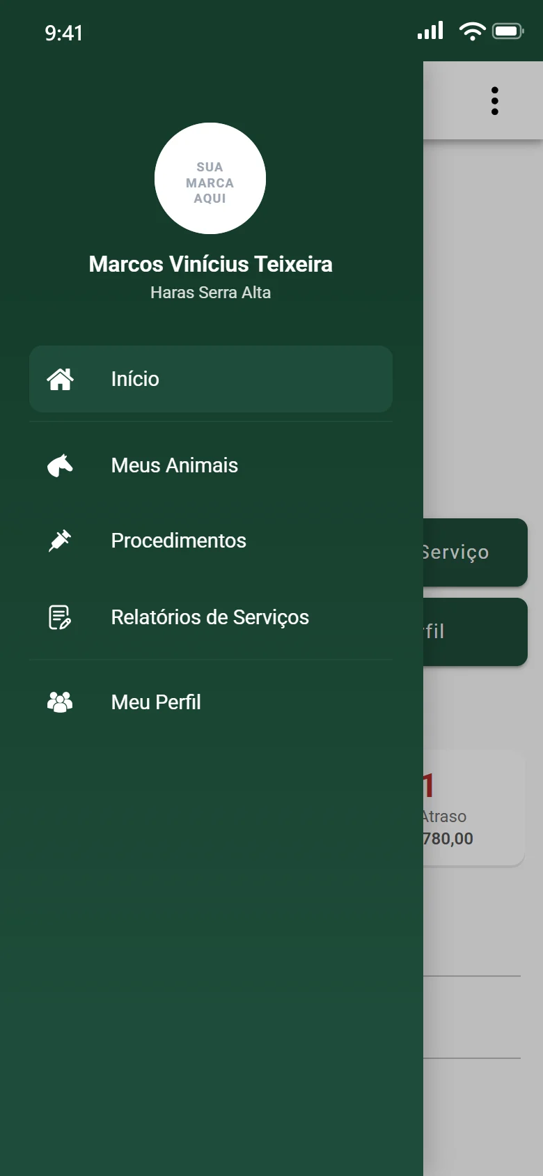 Menu do app para clientes com o espaço da marca da operação no topo, o nome do proprietário e os atalhos para animais, procedimentos e relatórios de serviço