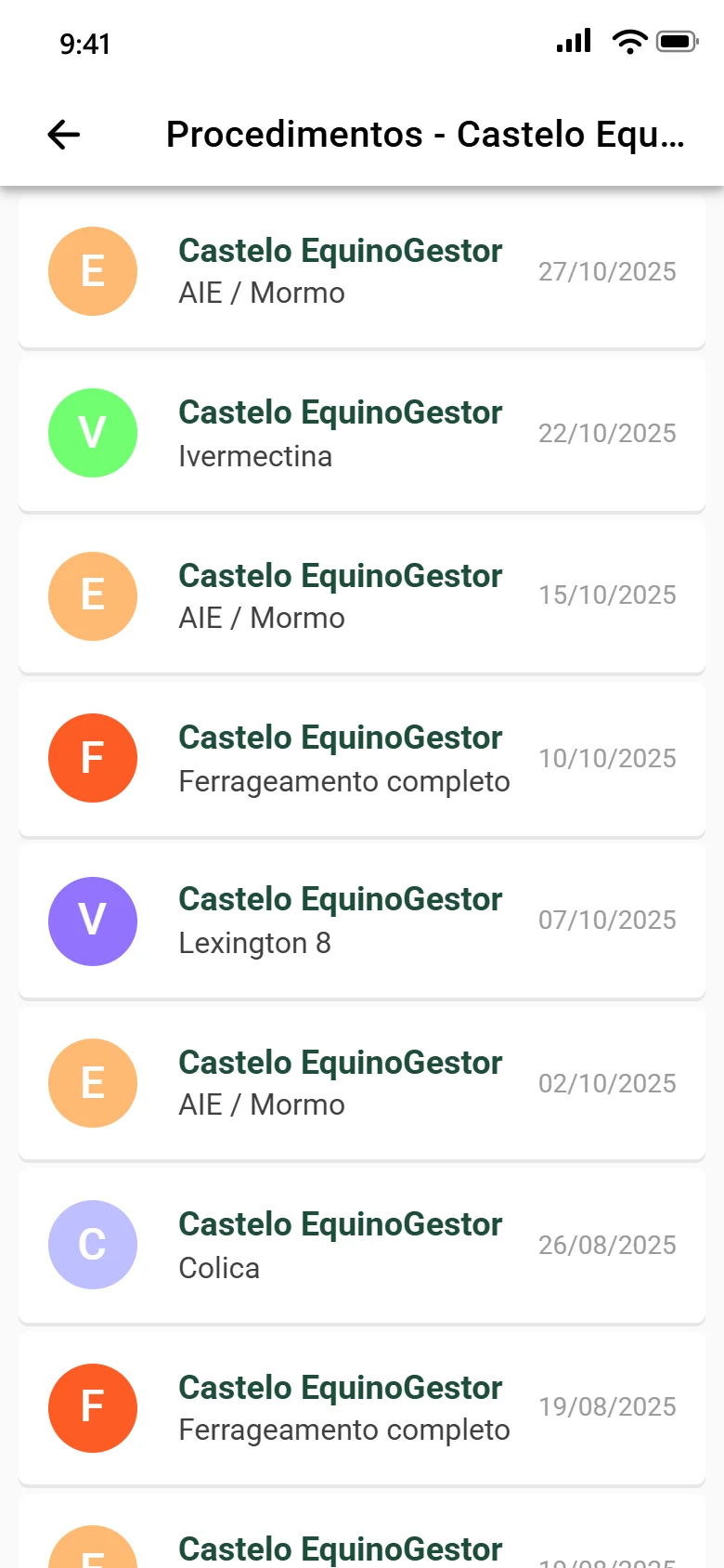 Procedimentos de um garanhão no app para clientes, como exames de AIE e mormo, vermifugação, vacinas e ferrageamento, com as datas