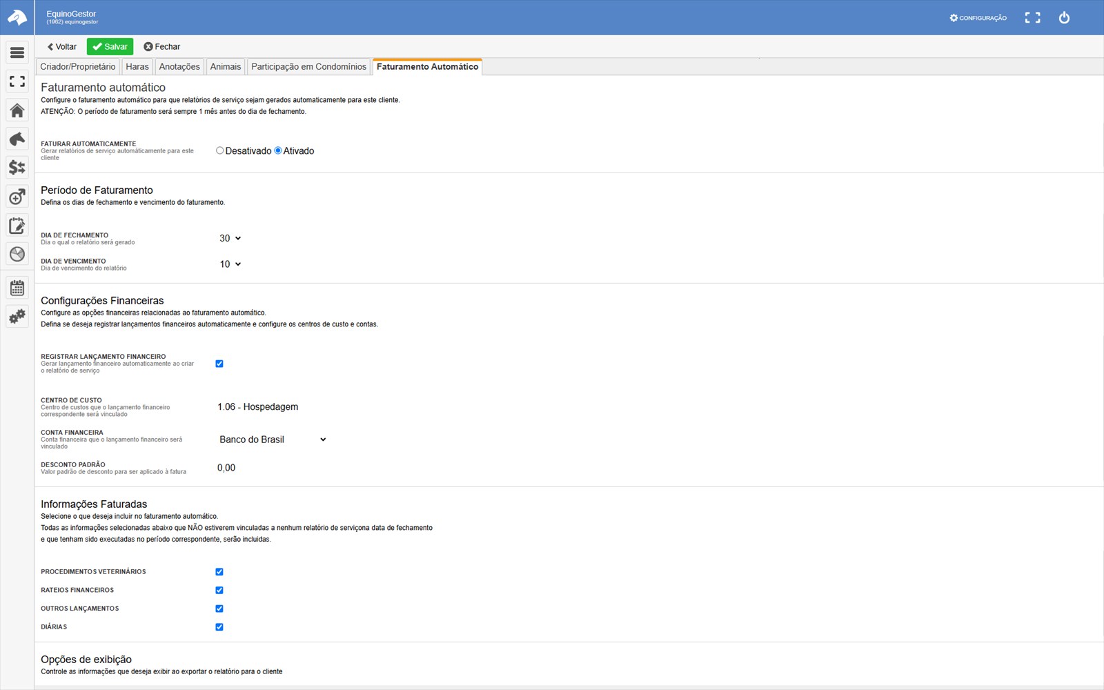 Configuração do faturamento automático do proprietário