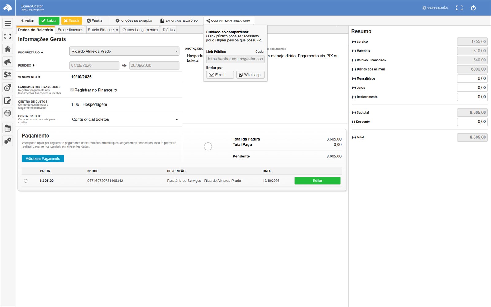 Relatório de serviços com as opções de compartilhar o link e enviar por e-mail ou WhatsApp